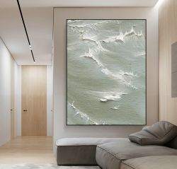 浅绿色现代艺术海浪白色纹理肌理画刀+笔砂岩画装饰画挂画